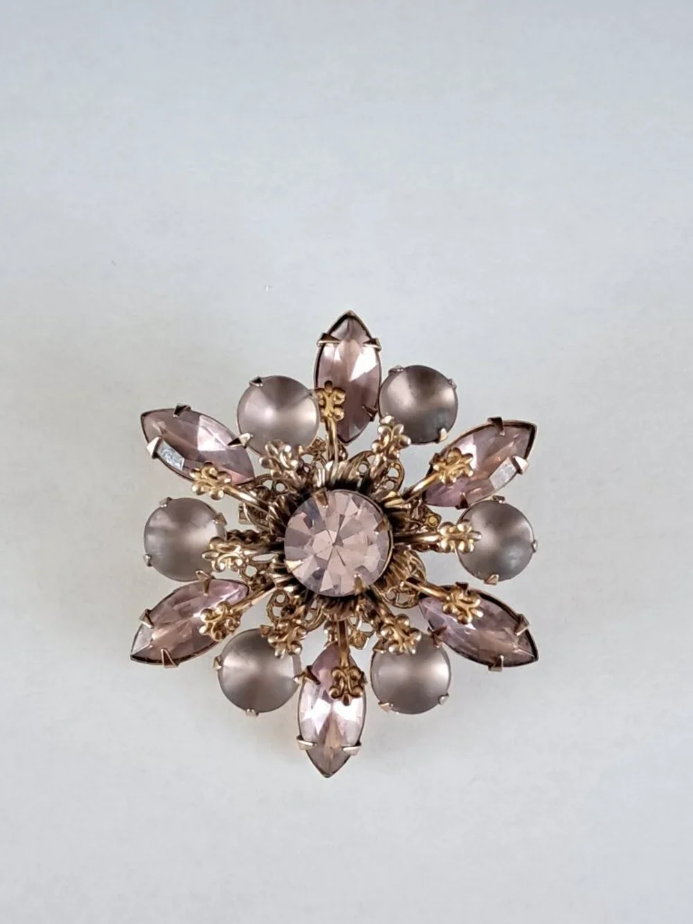 Vintage Retro Lavender Moonglow Glass Cabochons Gold Tone Brooch Navettes Estate